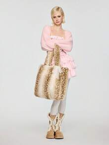 ROMWE Fairycore 1pc Women's High-Quality Deer Plush Large Capacity Shoulder Tote Bag With Bow Ribbon - Coffee Brown - View 2