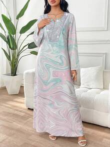 Yasmyna Women's V-Neck Long Sleeve Color Block Maxi Elegant Arabian Dress - Pink - View 4