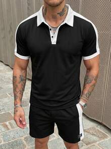 HIMLAND Men's Casual Commuting Sports 2 Pieces Polo Suit - Black and White - View 2