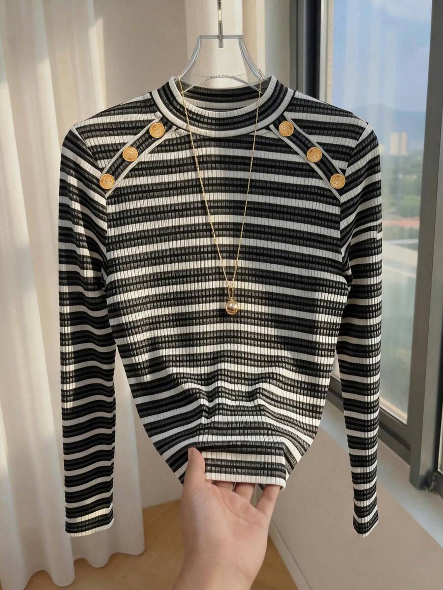 GlowEve Women's Elegant Round Neck Solid Color Shoulder Design Metal Button Decor Basic Tee, Versatile Striped Long Sleeve T-Shirt, Spring/Summer - Multicolor - View 1