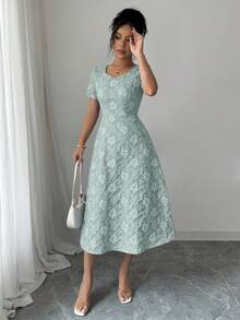 Elenzga 蓝色3D立体压纹面料方领短袖A字连衣裙 - 薄荷綠 - 查看 6