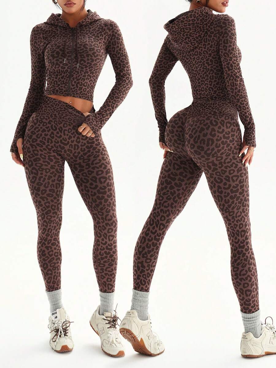 Dewbera 两件套女士无缝豹纹连帽拉链拇指孔长袖卫衣和七分紧身裤运动套装，适合跑步、健身、瑜伽 - 咖啡棕 - 查看 1
