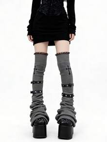 ROMWE Kawaii 一双朋克风针织过膝袜套，小众设计，刺绣十字架，蕾丝靴套，春秋季绑带叠层袜套，不易起球的膝腿套 - 黑灰色 - 查看 1