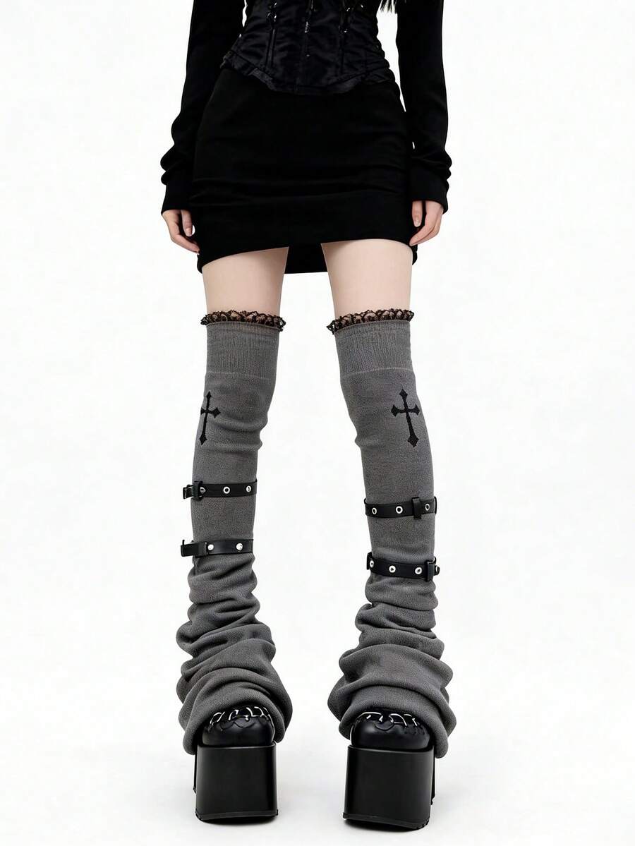 ROMWE Kawaii 一双朋克风针织过膝袜套，小众设计，刺绣十字架，蕾丝靴套，春秋季绑带叠层袜套，不易起球的膝腿套 - 黑灰色 - 查看 1