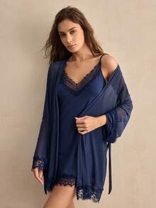 Charlaine Women's Elegant Sexy Contrast Lace Camisole Nightgown And Robe Set - Navy Blue - View 7