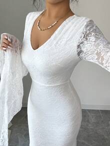 Elenzga Women's V-Neck White Lace Sexy Long Flare Sleeve Design Bodycon Maxi Dress, Stretchy Comfortable French Elegant Romantic Vacation Party Date Night New Arrival - White - View 3