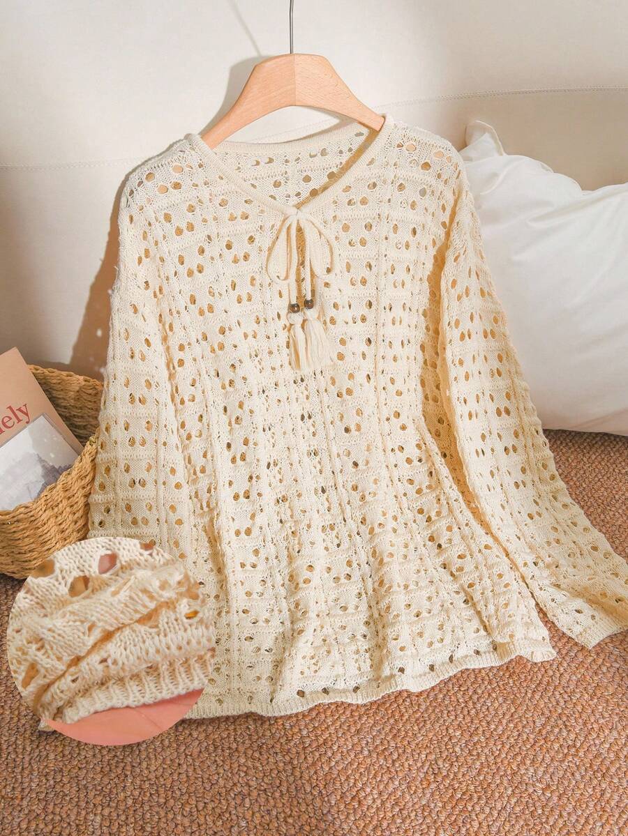 CosyJoli Plus Size Elegant French Hollow-Out Casual Loose Vacation Loose Knit Top, Spring/Summer - Beige - View 1