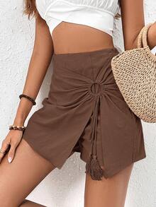 SHEIN Frenchy 流苏装饰环扣蝴蝶结迷你不对称下摆短裙 - 咖啡棕 - 查看 8