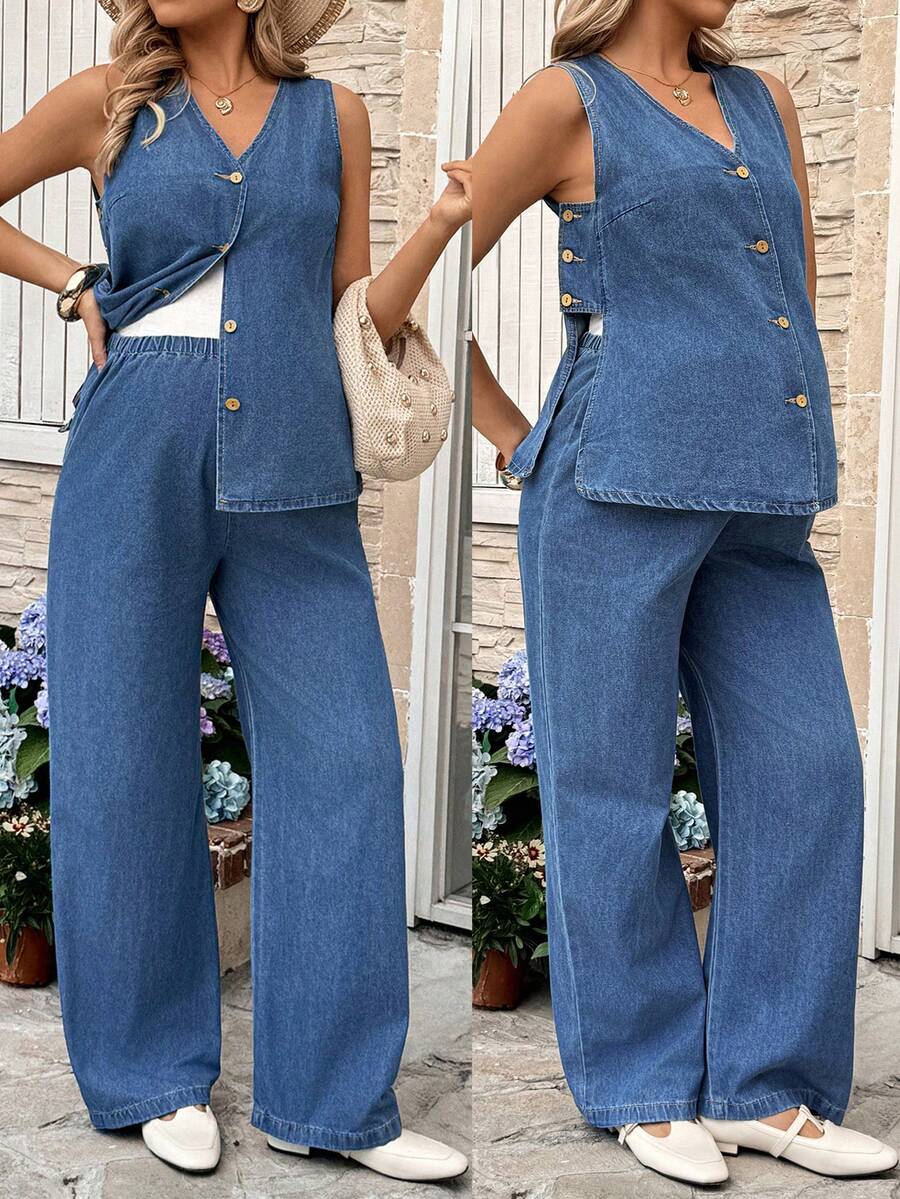 SHEIN 2pcs Maternity Sleeveless Top And Denim Pants Set - Blue - View 1