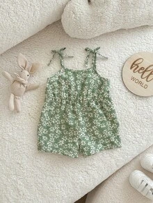 SHEIN Bộ áo liền quần họa tiết hoa nhí dễ thương, thoải mái cho bé gái sơ sinh mùa hè - Nhiều màu - Xem 6