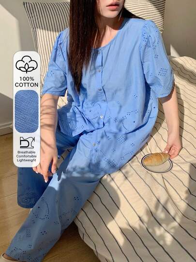 Dazy Plus Plus Size Solid Color Hollow Embroidery Front Button Short Sleeve Top And Long Pants Pajama Set