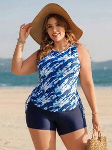 Swim Lushoire Top de tankini imprimé aléatoire et short de couleur unie pour femmes grandes tailles, conservateur et romantique pour les vacances à la plage, les fêtes, la piscine et la plage - Multicolore - Voir 5