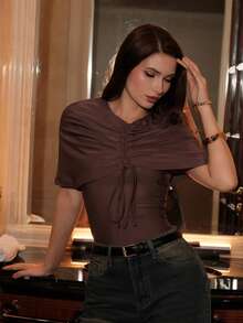 NOVVYNE Drawstring Ruched Sleeveless Cinched Waist V-Neck Women T-Shirt - Coffee Brown - View 1