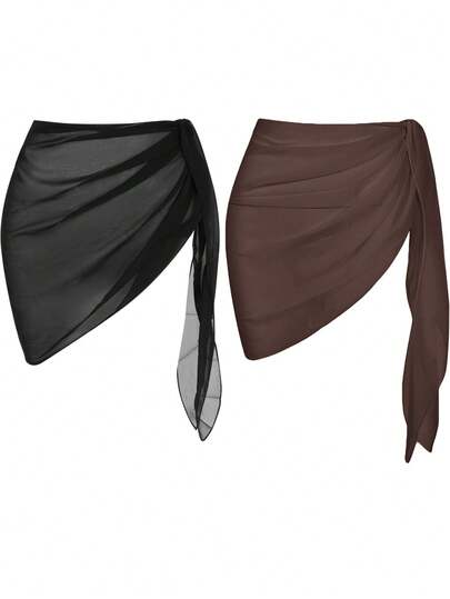 Swim Basics 2pcs Women Solid Color Casual Beach Cover-Up & Mini Skirt Set Wrap Skirts For Women Cover Up Skirts Skirt Cover Ups For Swimwear Asymmetrical Skirt Sheer Wrap Skirt