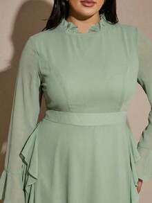 SHEIN BAE Gaun Maxi Wanita Ukuran Besar Warna Cokelat Lengan Panjang Bahan Chiffon dengan Ruffle dan Lengan Mengembang - Mint Green - View 4
