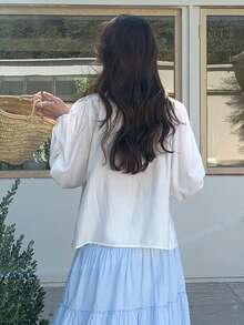 DAZY 女士圆领荷叶边蕾丝拼接系带长袖优雅衬衫，度假风 - 白色 - 查看 8