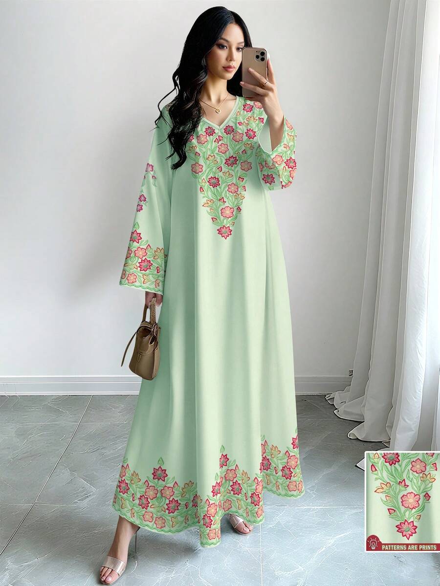 SHEIN Najma Đầm dài tay cổ chữ V in họa tiết hoa lá thanh lịch dành cho nữ, thích hợp cho mùa xuân/thu. - Nhiều màu - Xem 1