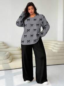 SHEIN EZwear 大码女装两件套：宽松圆领T恤和直筒裤 - 灰色 - 查看 3