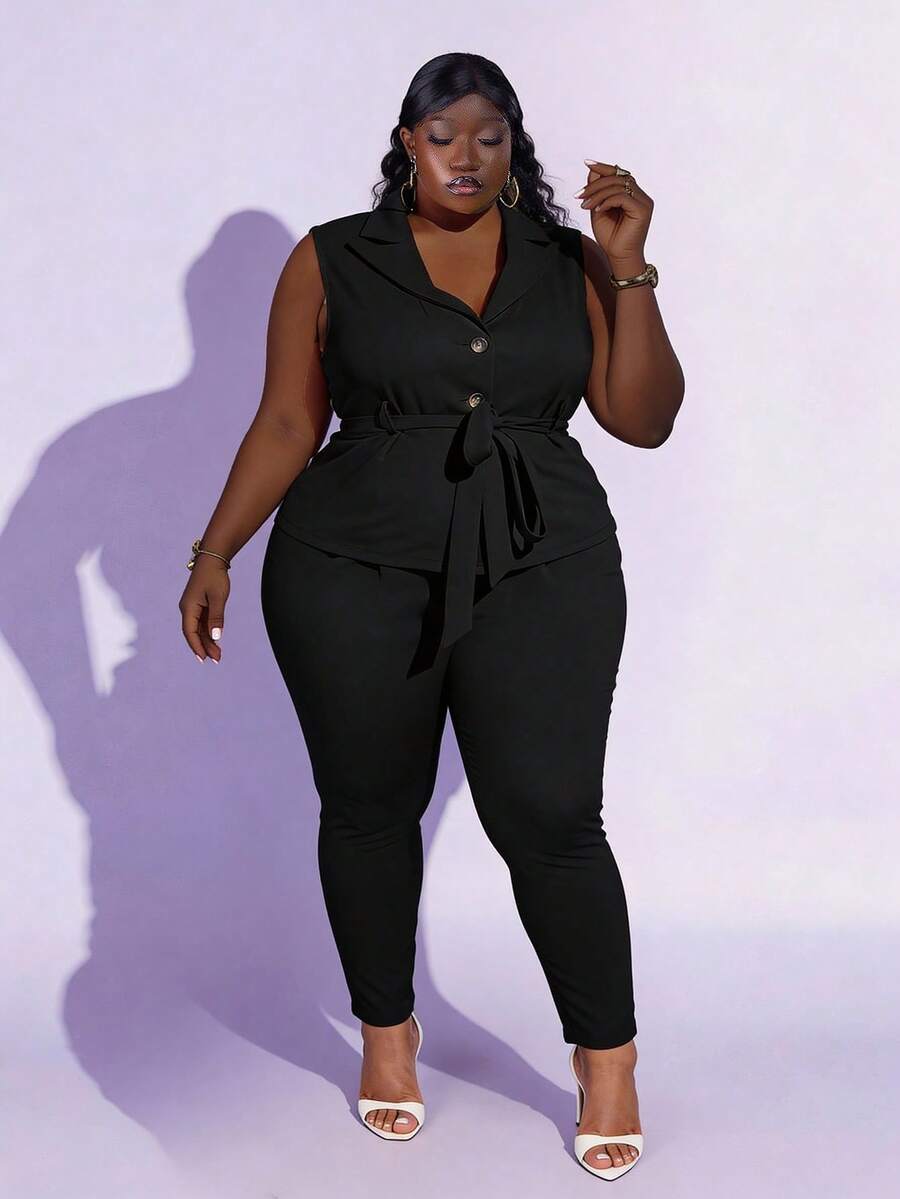 CurvyTilda 大碼素色斜口袋長褲 - 黑色 - 查看 1