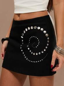 SHEIN BAE 女士时尚纯色螺旋设计极简半身裙 黑色迷你水钻半身裙 演唱会半身裙 黑色短裙 贝壳裙 波西米亚风半身裙 黑色阔腿裤 金属铆钉半身裙 时尚半身裙 沙滩派对半身裙 休闲半身裙 派对半身裙 夏季女士半身裙 女士休闲半身裙 - 黑色 - 查看 1