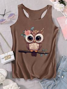 INAWLY Women's Casual Owl Printed Vest For Vacation Graphic Tees Women Tops - Mocha Brown - View 6