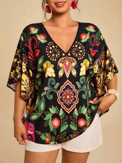 Travachic Plus Size Women's Summer Bohemian Vacation Style Floral Print V-Neck Batwing Sleeve Loose Blouse