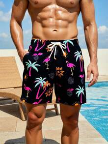 Manfinity VDAYZ 男士棕榈树印花抽绳腰带沙滩短裤 - 黑色 - 查看 6