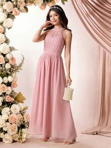 Pitira 儿童夏季长裙套装，柔软舒适，适合少女优雅无袖纯色网纱刺绣A字长裙，可作伴娘、舞会、派对、春夏礼服，少女伴娘礼服，青少年正式礼服，腮红粉/灰粉色少女连衣裙，优雅蕾丝伴娘舞会礼服，优雅派对礼服 - 粉色 - 查看 5