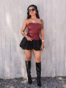 Rayane Ketlyn 新年和情人节女士勃艮第皮革上衣时尚褶皱不对称下摆抹胸，适合外出和派对上衣，新年女士 - 酒紅色 - 查看 6