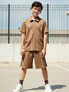 SHEIN Tween Boy Loose Coffee Brown Knitted Polo Shirt And Shorts 2 Pieces Set,Summer Casual Vacation Turn Down Collar Short Sleeve Solid Outfit For Kids - Brown - View 6