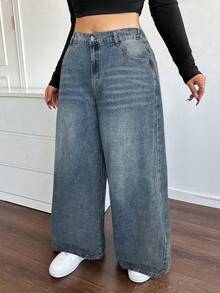 SHEIN ICON EZwear 大码休闲宽松直筒卡其色牛仔裤，秋冬牛仔裤，万圣节装扮，阔腿牛仔裤，流行纯色复古水洗牛仔布 - 深色水洗藍 - 查看 4