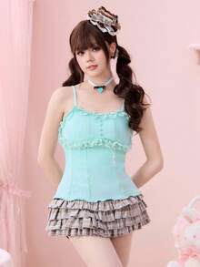 ROMWE Kawaii Mint Girl Lace Patchwork Fitted Casual Versatile Camisole - Mint Green - View 1