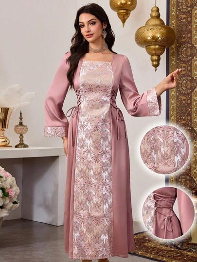 Al Najma 优雅刺绣拼接缎面连衣裙，适合中东阿拉伯正式场合