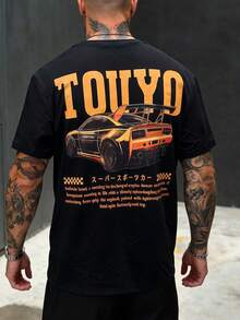 HIMLAND 男士日常通勤学院街头风复古赛车印花T恤 - 黑色 - 查看 5