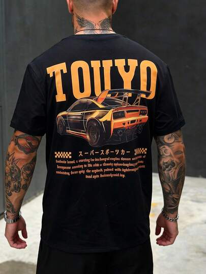 HIMLAND 男士日常通勤学院街头风复古赛车印花T恤