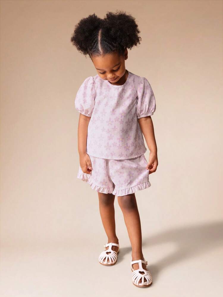 Floral Puff Sleeve Top And Ruffle Shorts Set