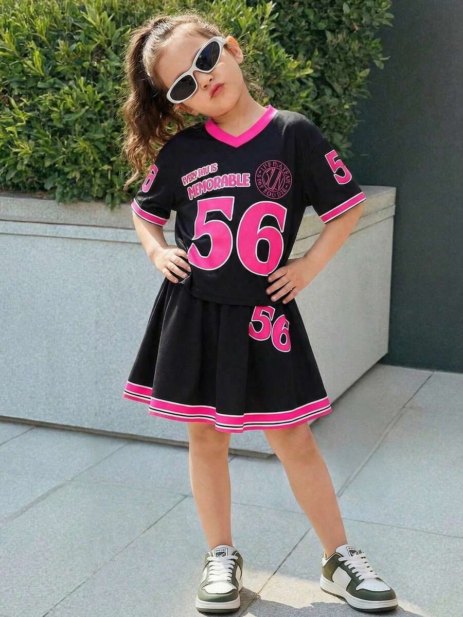 SHEIN 2pcs Young Girls Basketball Jersey Outfit, Numeric Print T-Shirt And Skirt Set, Casual Daily Fashion Versatile Streetwear - Multicolor - View 1