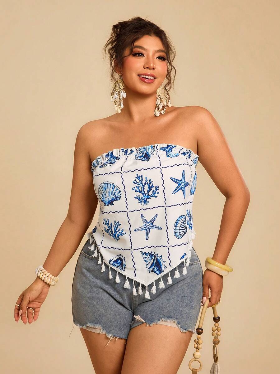 Travachic Áo croptop cỡ lớn dành cho nữ, màu xanh dương và trắng, họa tiết vỏ sò biển, kiểu áo quây phối tua rua, phong cách nhiệt đới, thích hợp cho kỳ nghỉ biển, đi chơi hoặc dạo phố. - Xanh và trắng - Xem 1
