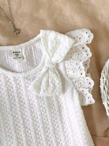 SHEIN 少女休闲度假家居拼接刺绣蕾丝边针织修身短款方领T恤上衣，白色 - 米色 - 查看 4