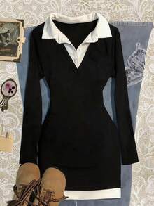 Glimmora Đầm midi dài tay ôm dáng thoải mái 2 trong 1 phối màu tương phản dành cho nữ - màu đen - Xem 1