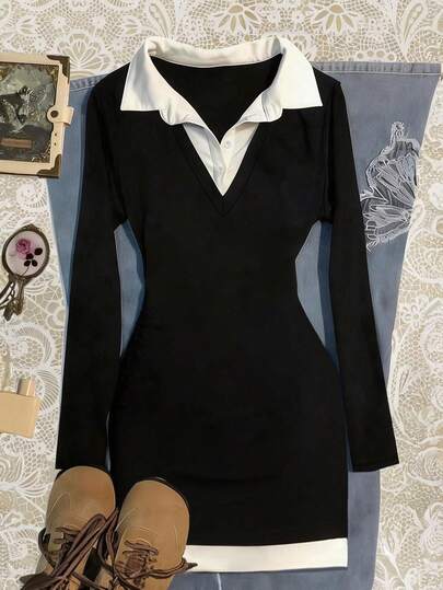 Noixe Women's Contrast Color 2 In 1 Fitted Casual Long Sleeve Midi Dress