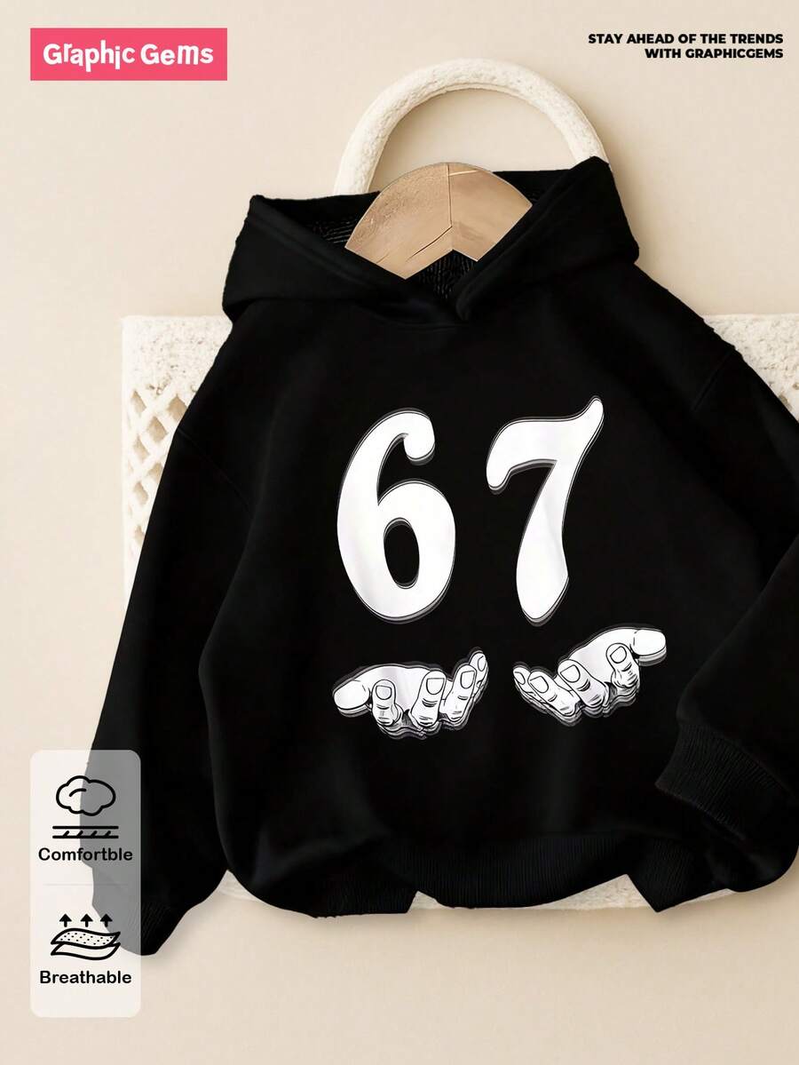 SHEIN GraphicGems Tween Boy Casual Minimalist "67" Graphic Long Sleeve Sweatshirt, Street Style With Number 67 Print, Comfortable Casual For Outings And Sports, Autumn/Winter - Black - View 1