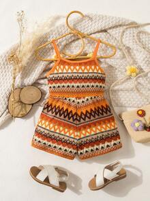 SHEIN Newborn Baby Girl Vacation Casual Knit Striped Floral Strap Romper Summer Baby Outfit Boho Toddler Romper Orange Baby Outfit Boho Baby Clothes - Orange - View 2