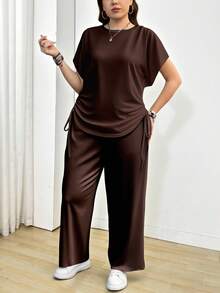 SHEIN CURVE+ Bộ đồ hai mảnh màu nâu đậm đơn giản, dáng rộng dành cho nữ, phù hợp cho mùa xuân và mùa hè. - màu nâu - Xem 5