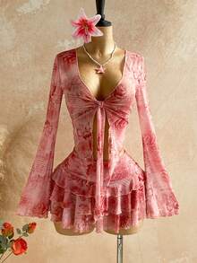Soleia 女士复古花卉字母印花长袖系带罩衫+迷你裙两件套，休闲装，适合度假、约会、下午茶、海滩、邮轮、城市旅行、音乐节、派对、波西米亚风、嬉皮风、西部风、日常通勤等场合。 - 粉色 - 查看 5