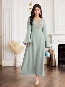 Yasmyna New Embroidered Cinched Waist Elegant Romantic Vacation Party Dress - Olive Green - View 6