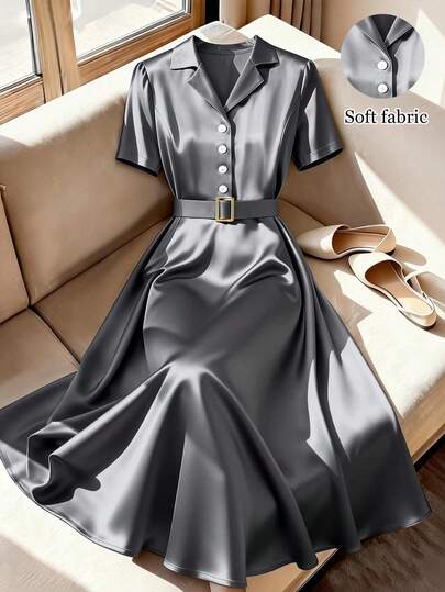 GlowEve CURVE Plus Size Solid Color Front Button Belted Waist Elegant Short Sleeve Dress