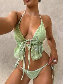 Swim SPRTY Sexig baddräkt med jacquardmönster och blommönster, paljettmönster och halterneck för kvinnor, sommar, strandsemester - Grön - Visa 1