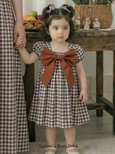 Cozy Pixies Baby Girl Colorful Plaid Round Neck Sleeveless Waist Cinched Dress, Versatile & Comfortable Baby Bow Dress Brown Baby Girl Dress Baby Girl Plaid Dress Baby Vintage Dress