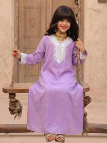 SHEIN Tween Girls' V-Neck Applique Casual Loose Daily Wear Long Sleeve Dress - Purple - View 6